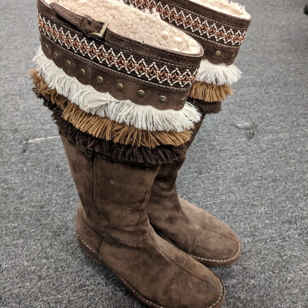 UGG Tall Brown Leather Fringe Boots size 9.5